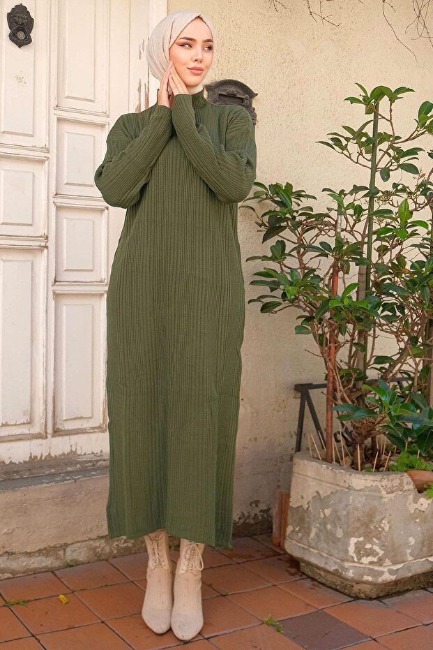 Fitilli Triko Elbise Haki HM2247 - 4