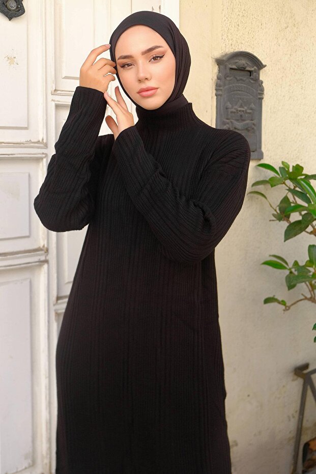 Fitilli Triko Elbise Siyah HM2247 - 2