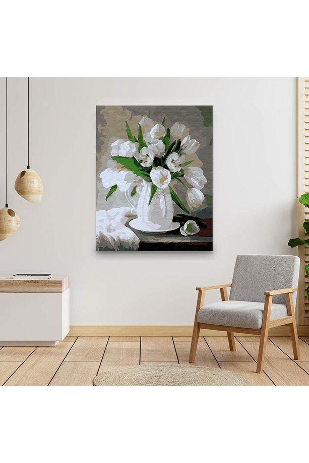 Sayılarla Boyama Seti 40 x 50 cm Tuval Şasesine Gerili Beyaz Çiçekler - 3