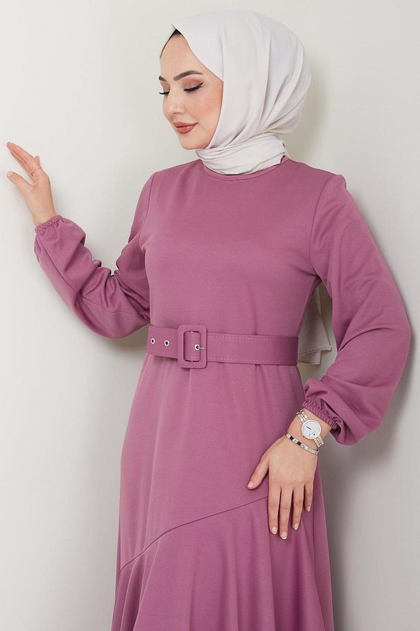 Volan Detaylı Kemerli Elbise Mürdüm HM2421 - 4