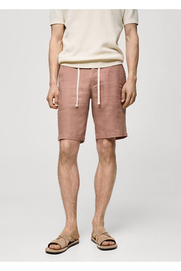 %100 keten beli büzgü ipli bermuda şort - 1