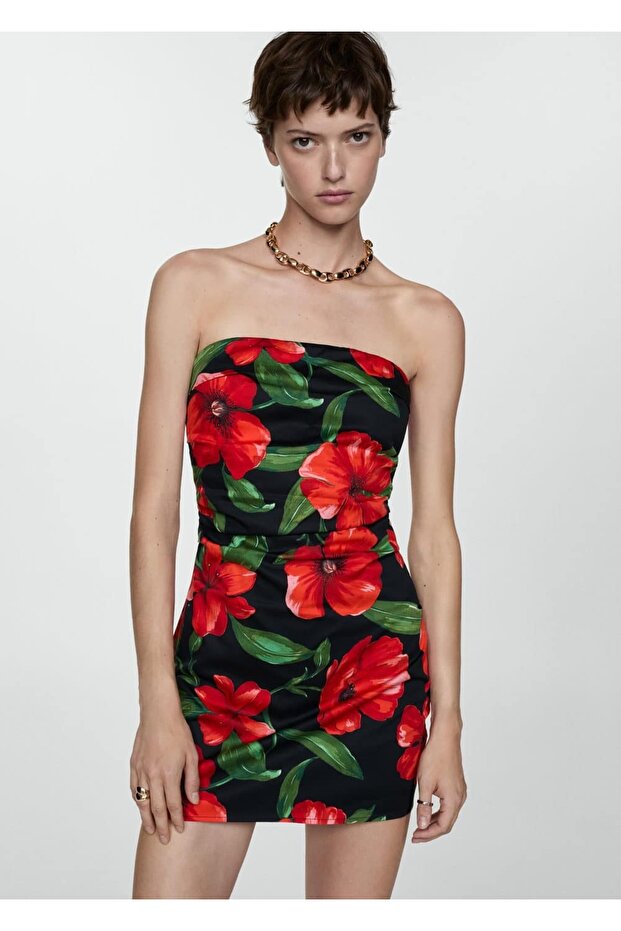 Çiçekli Straplez Elbise - 1