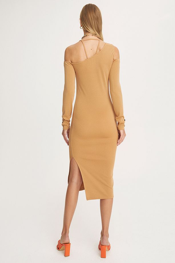 Kady Slim Fit Tek Omuzlu Midi Boy Taba Renk Elbise - 4