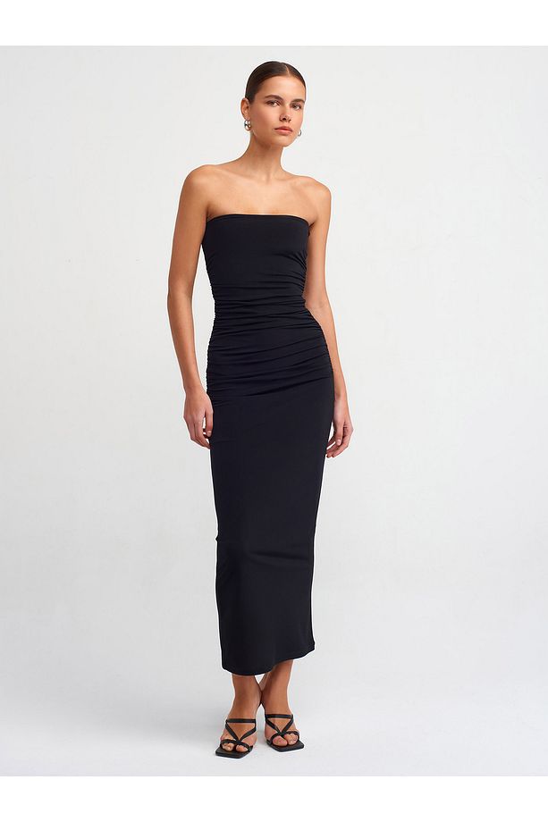 90865 Straplez Drapeli Midi Elbise-Siyah - 1