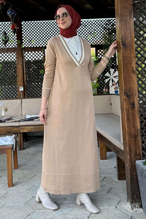 Eylül Gömlekli Triko Elbise Bej - 1