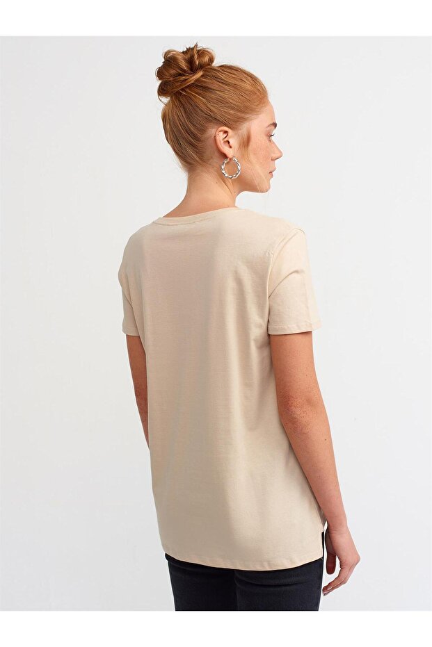 DİLVİN 3470 V Yaka Basic T-Shirt Açık Bej - 3