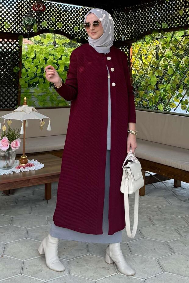 Sinem Çelik Örme Triko Hırka Bordo - 1