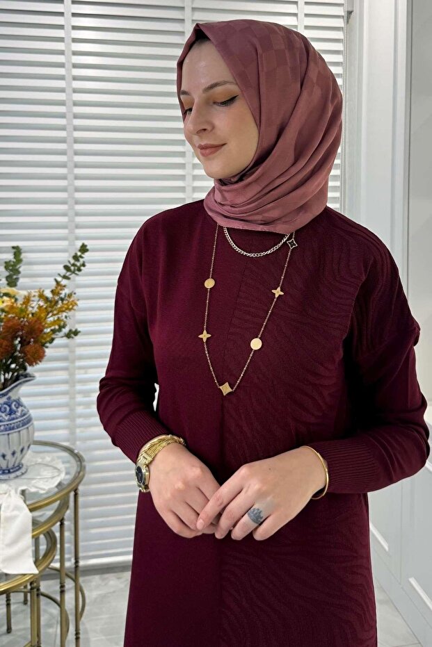 Zebra Desen Triko Elbise Bordo - 3