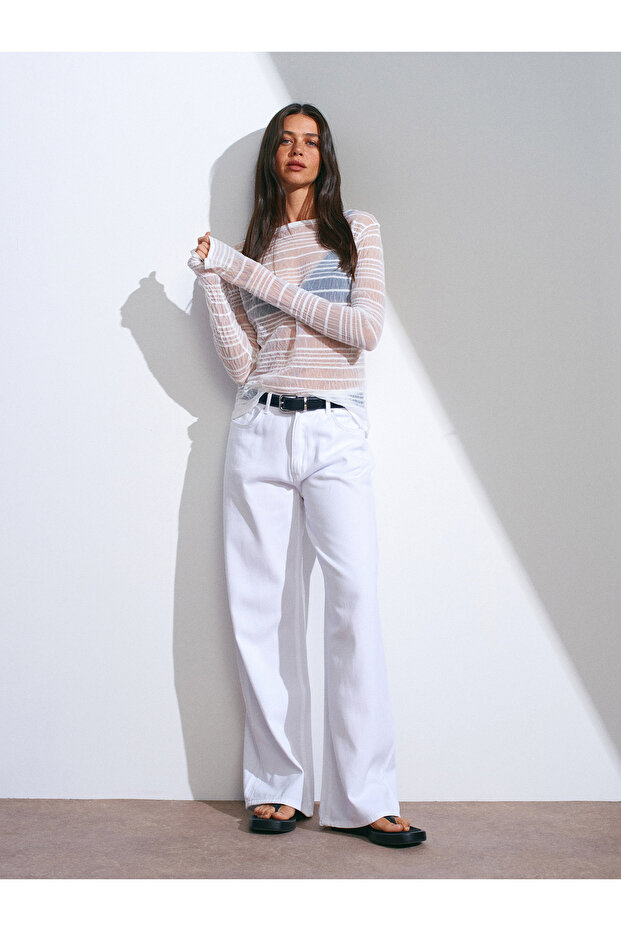 71480 Flowy Fabric Wide Denim Pants-White