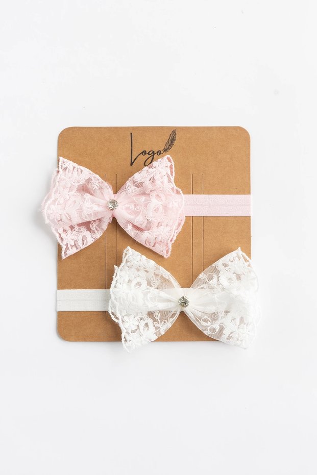 Baby Girl Bandana Set of 2 Stone Lace Bow (Pink-White)