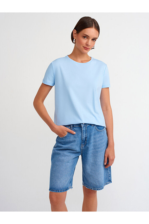 3471 Bisiklet Yaka Basic T-Shirt-Açık Mavi - 2