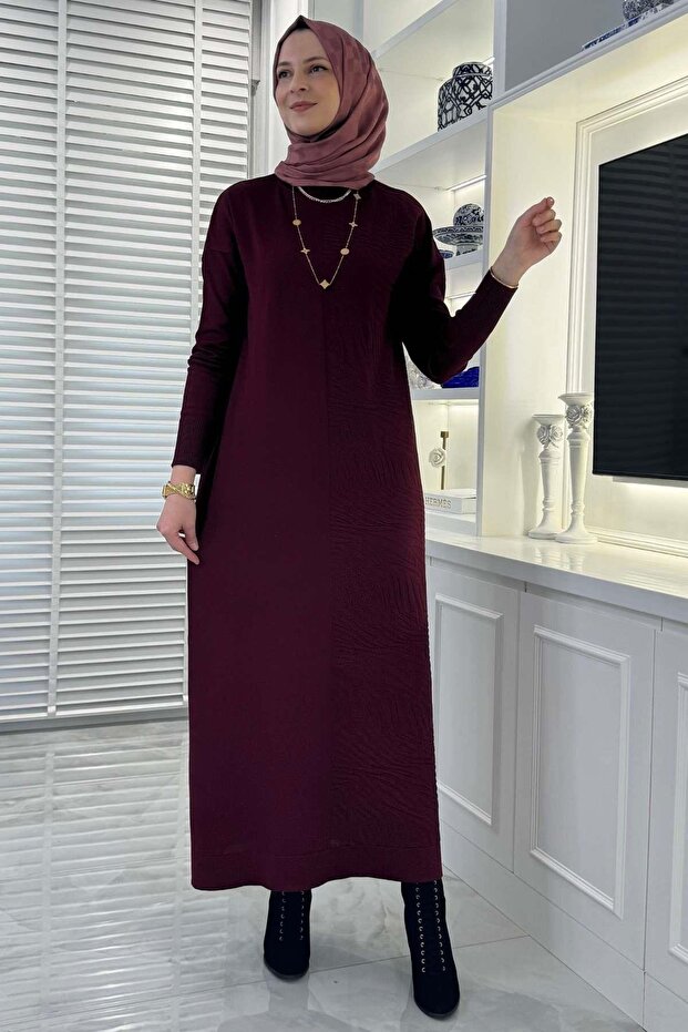 Zebra Desen Triko Elbise Bordo - 9