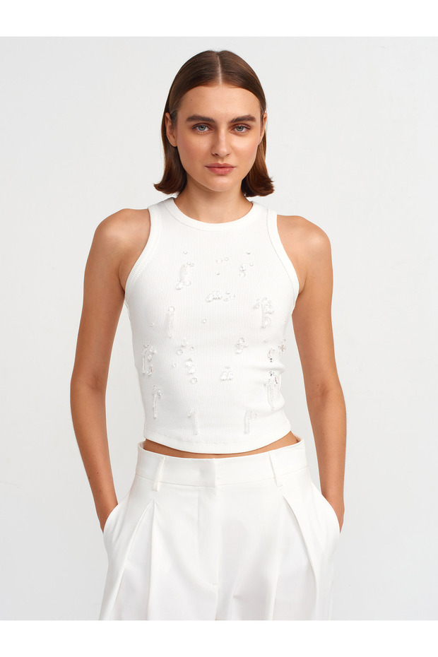 20922 Bead Embroidered White Corded Tank Top