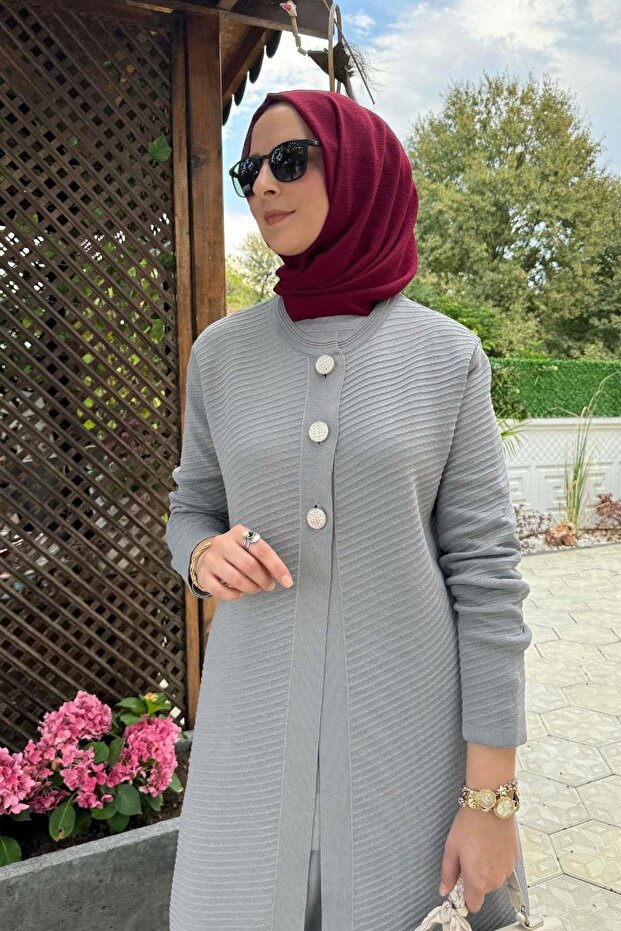 Sinem Çelik Örme Triko Hırka Gri - 6