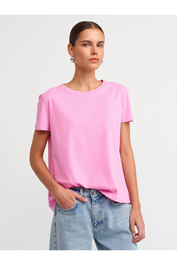 3471 Bisiklet Yaka Basic T-shirt-pembe - 1