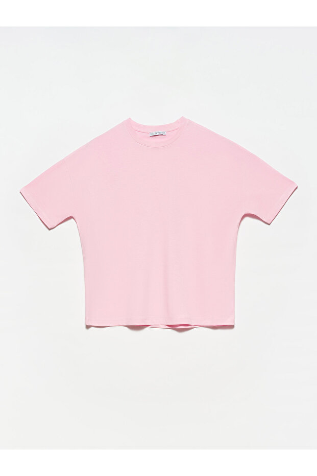 3683 Bisiklet Yaka Basic T-shirt-açık Pembe - 1