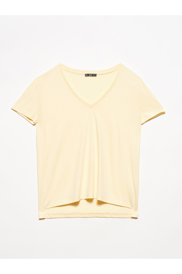 3470 V Yaka Basic T-shirt-t.sarı - 1