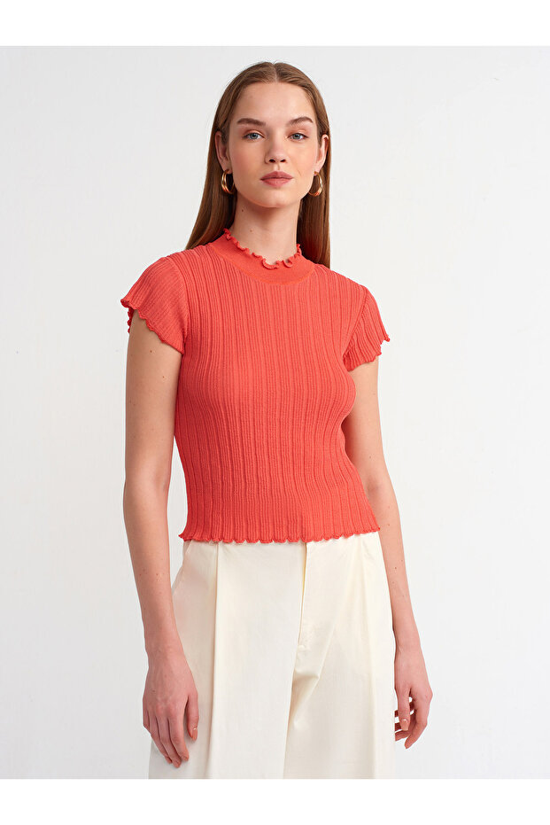 10518 Mock Neck Sheer Knit Blouse - Red