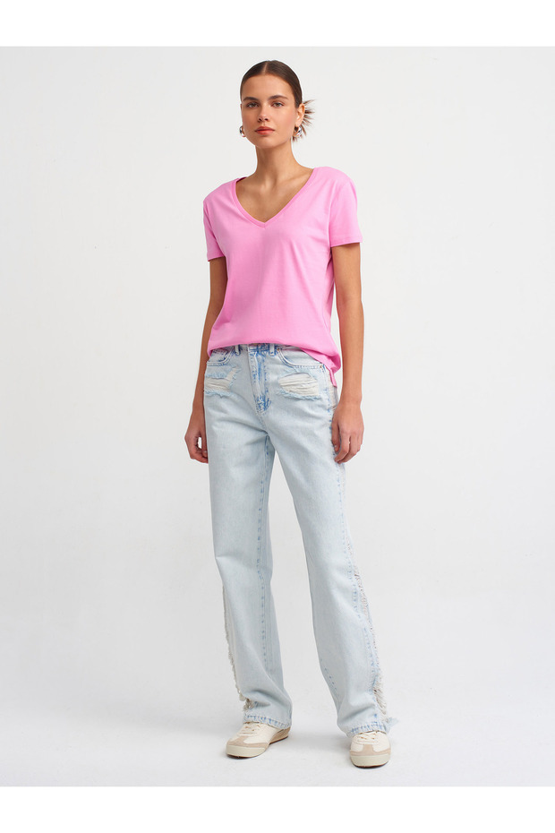3470 V Yaka Basic T-Shirt-Pembe - 1