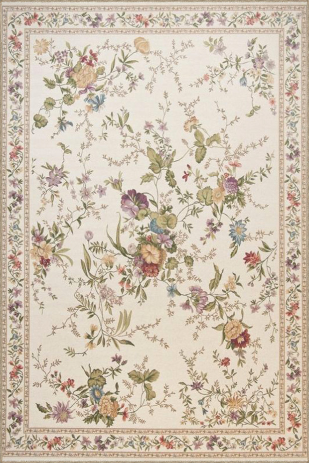 Cream Border Floral Themed Patterned Woven Base Carpet and Washable Carpet Miravip10237