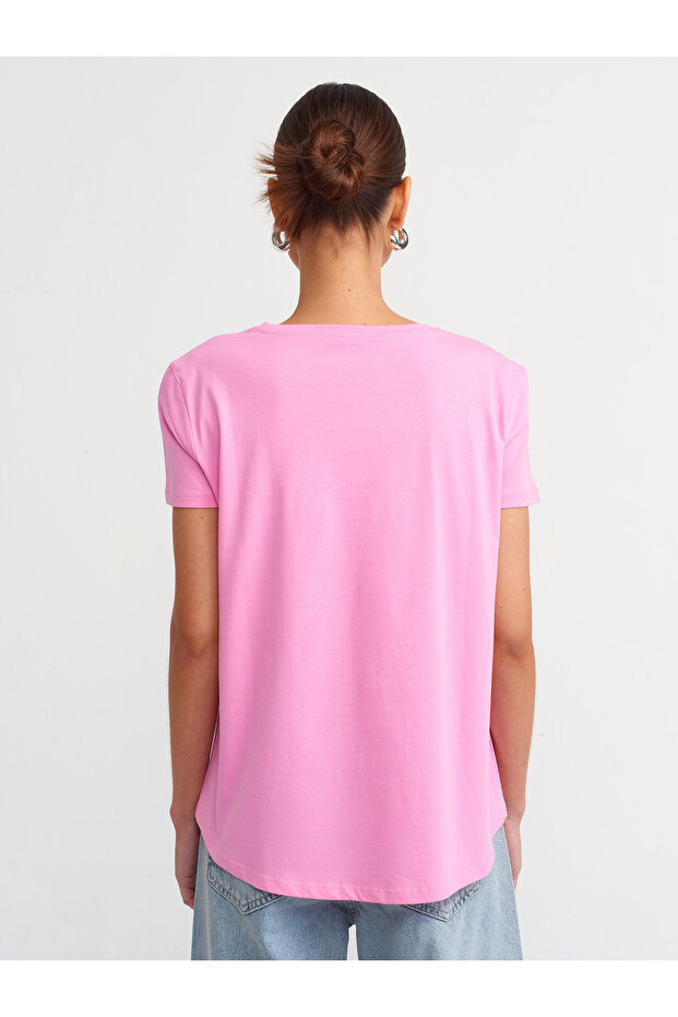 3471 Bisiklet Yaka Basic T-shirt-pembe - 2