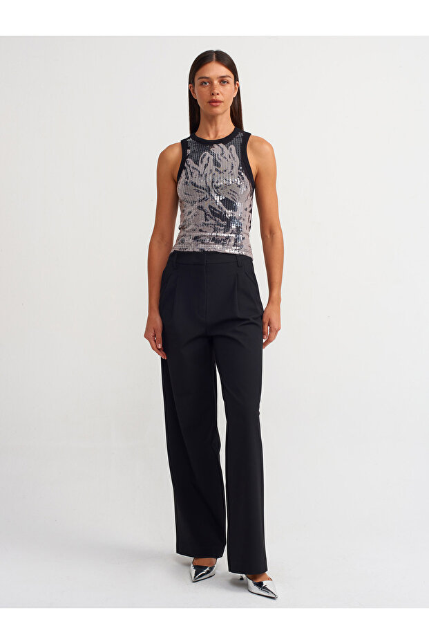71308 High Waist Pleated Detailed Trousers-Black