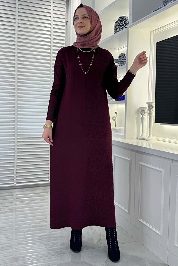 Zebra Desen Triko Elbise Bordo - 5