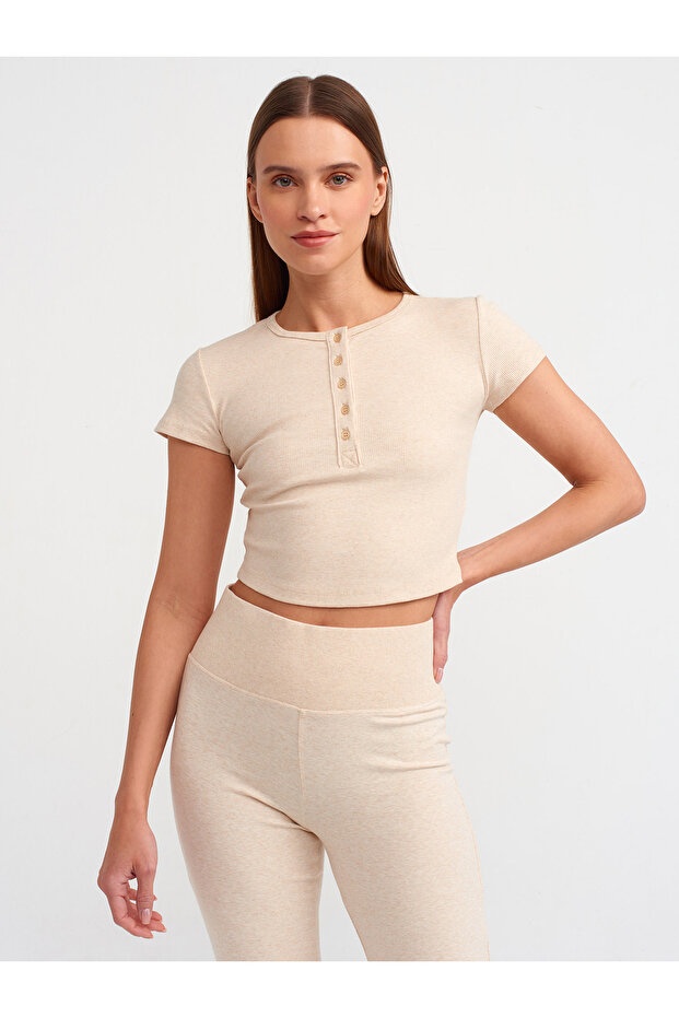 31022 Button Detailed Crop Top-Beige Melange