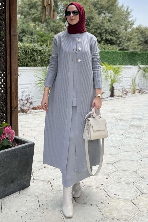 Sinem Çelik Örme Triko Hırka Gri - 3