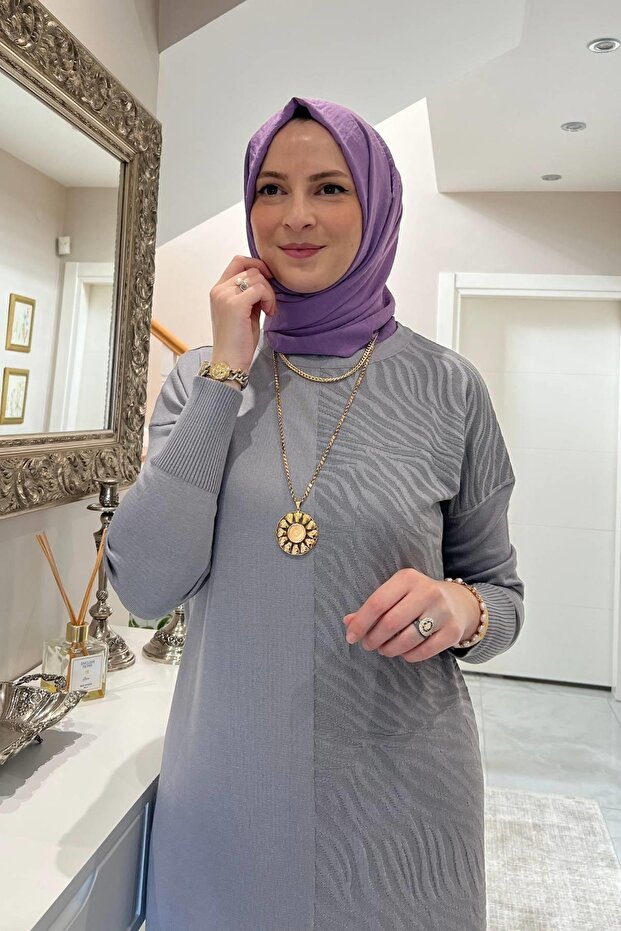 Zebra Desen Triko Elbise Gri - 7