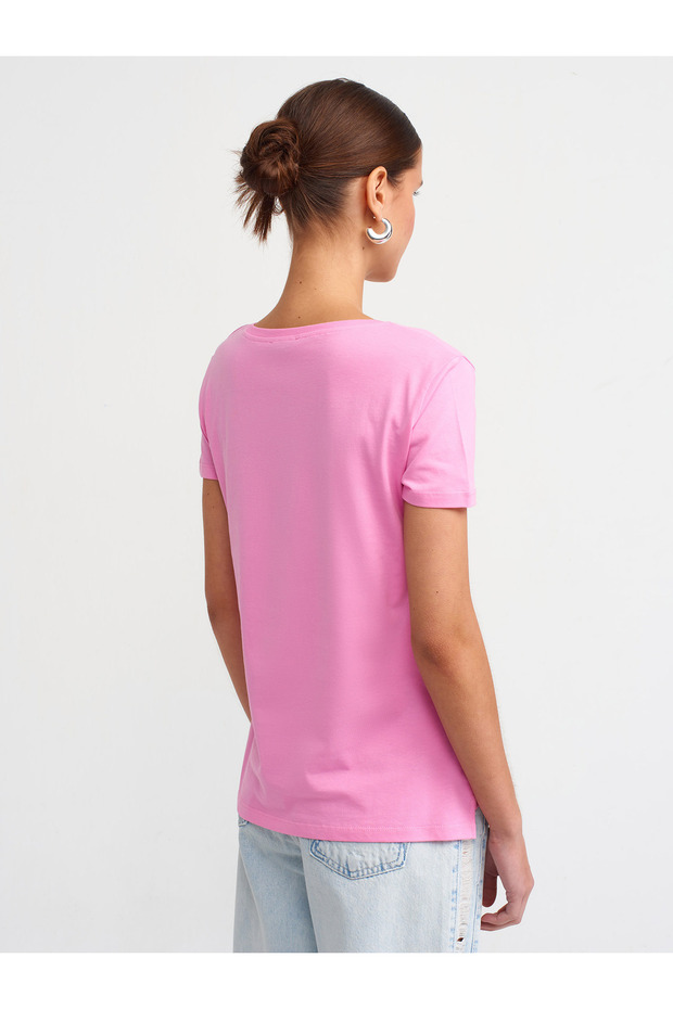 3470 V Yaka Basic T-Shirt-Pembe - 2