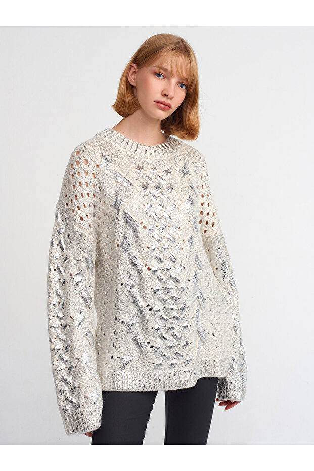 10465 Foil Print Hair Knitted Sweater-Ecru-Silver
