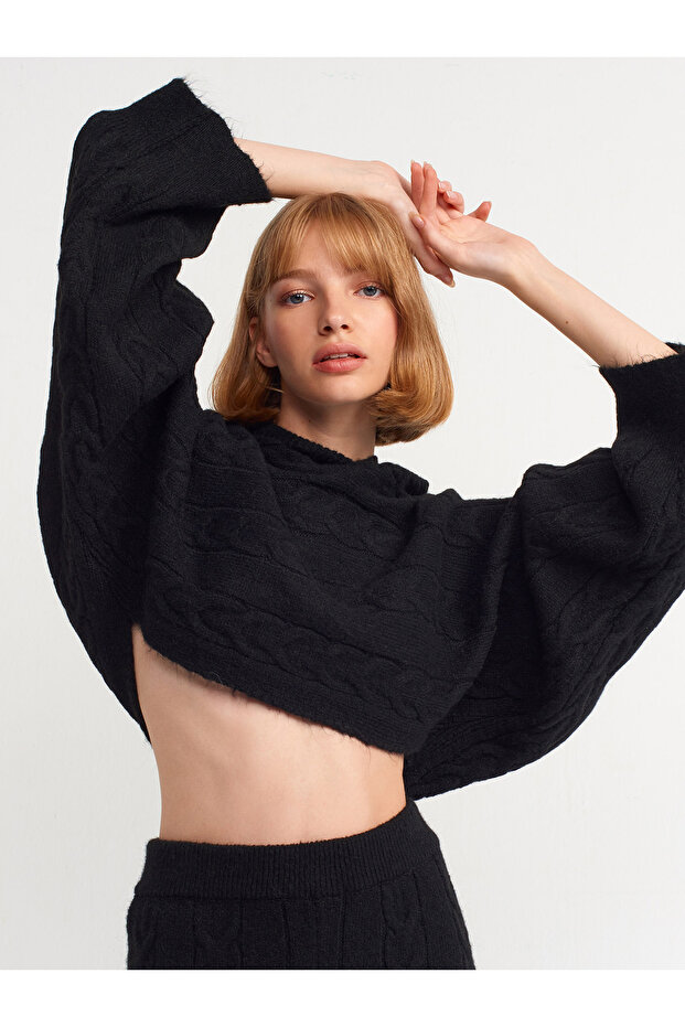 10459 Hooded Kimono Sleeve Hair Knitted Crop Sweater-black