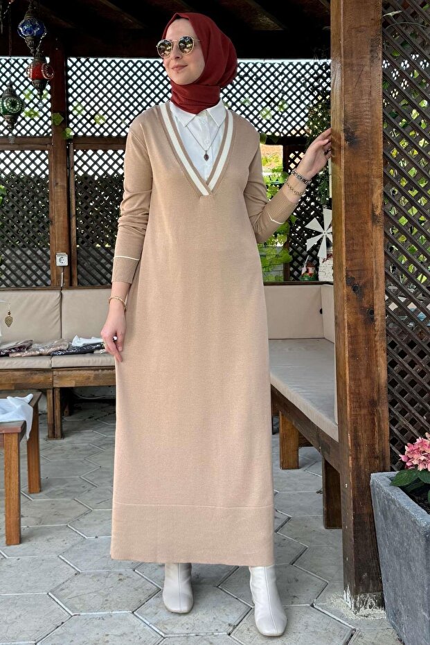 Eylül Gömlekli Triko Elbise Bej - 4