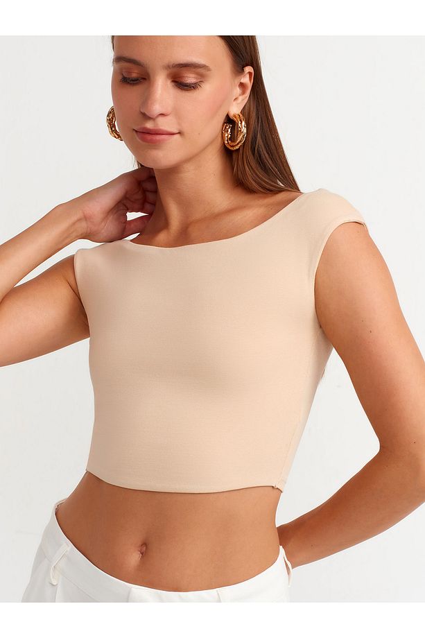 20869 Kayık Yaka Crop Top-Açık Bej - 4