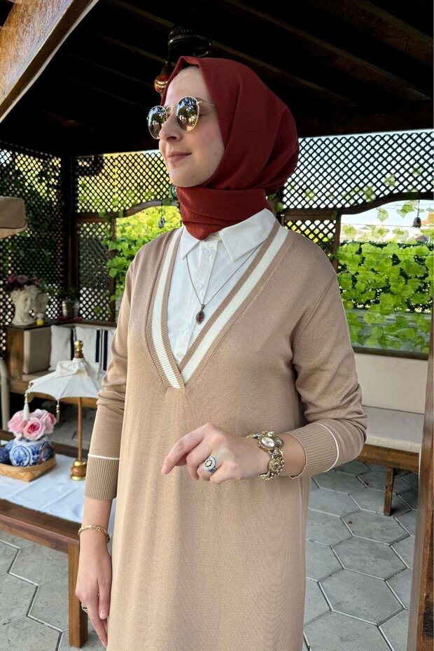 Eylül Gömlekli Triko Elbise Bej - 5