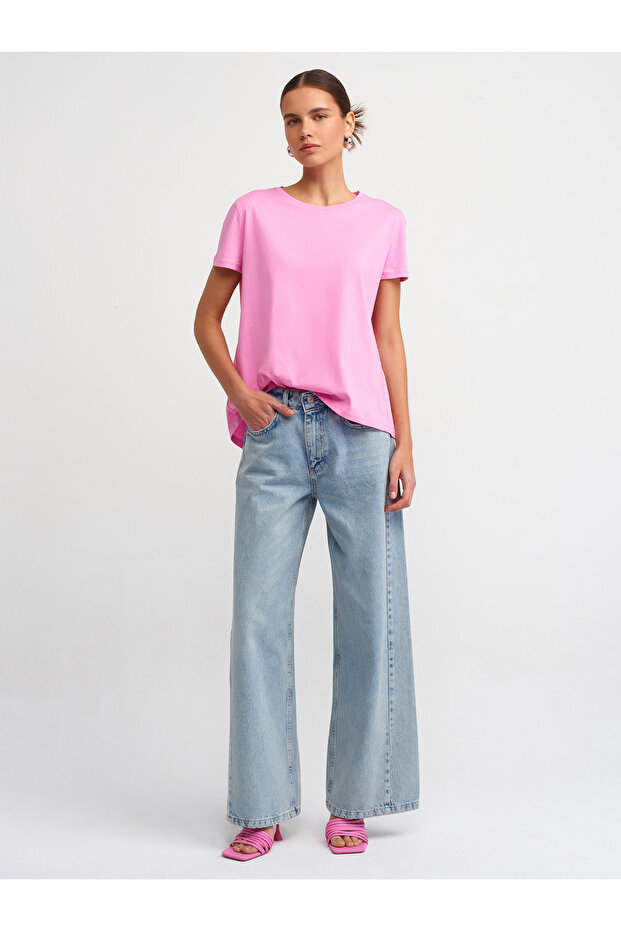 3471 Bisiklet Yaka Basic T-shirt-pembe - 3