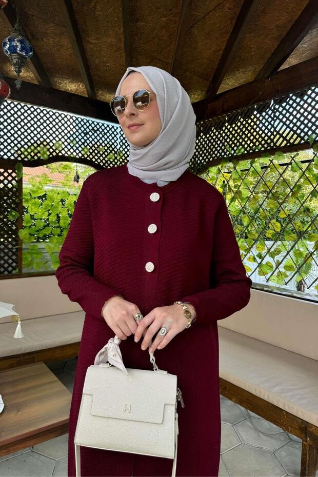 Sinem Çelik Örme Triko Hırka Bordo - 4