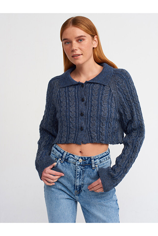 60203 Polo Collar Buttoned Glittery Crop Knitwear Cardigan-Indigo-S