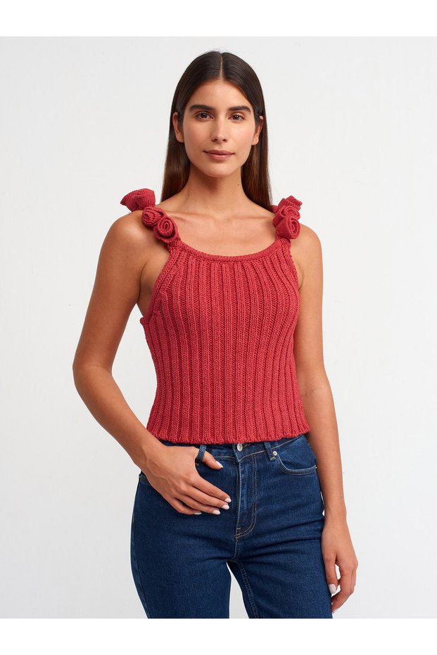 10524 Strappy Handcrafted Flower Detailed Knitwear Top-Red