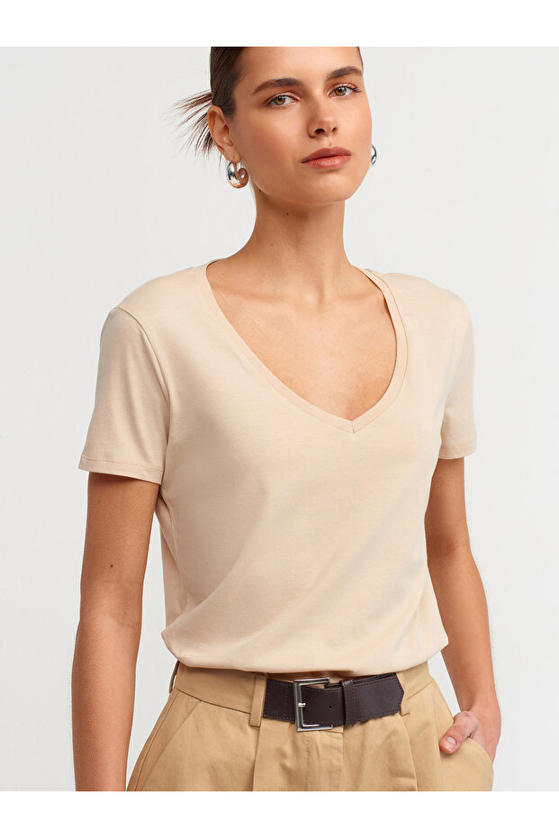 3470 V Yaka Basic T-Shirt-Açık Bej - 1