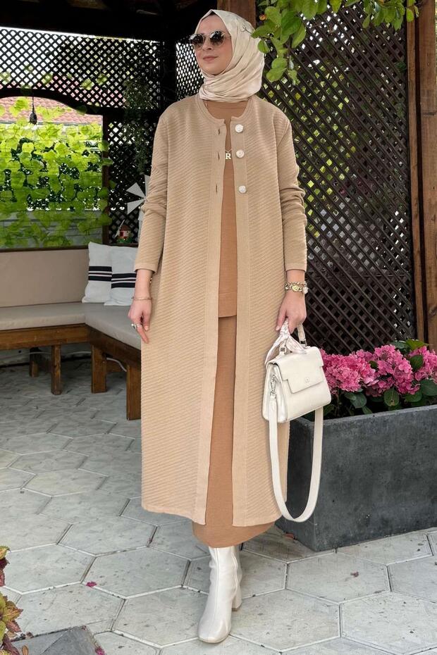 Sinem Çelik Örme Triko Hırka Bej - 1