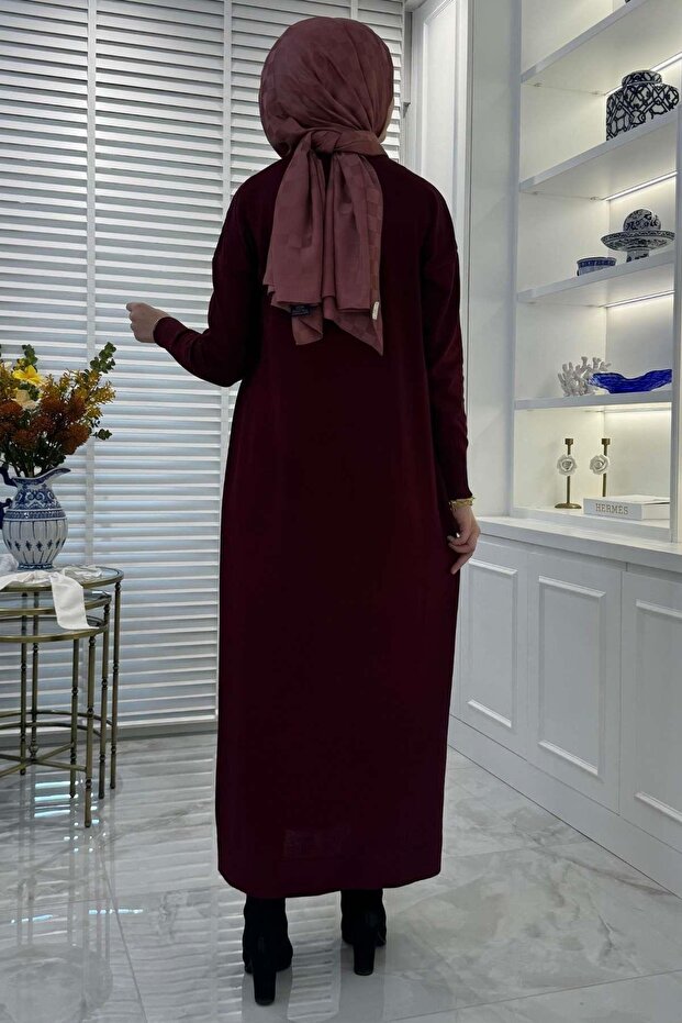 Zebra Desen Triko Elbise Bordo - 7