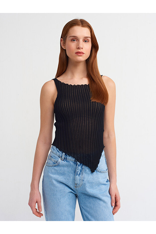 10560 Boat Neck Ribbed Transparent Knitwear Blouse-Black