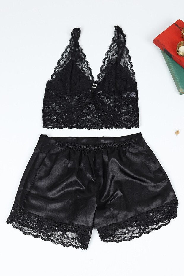 3398 Dantelli Büstiyer Şort Takım - 1