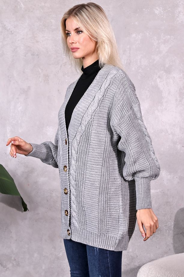 Kadın Triko Hırka 5 Düğmeli Saç Örğülü Hırka Gri (80CM) - 5