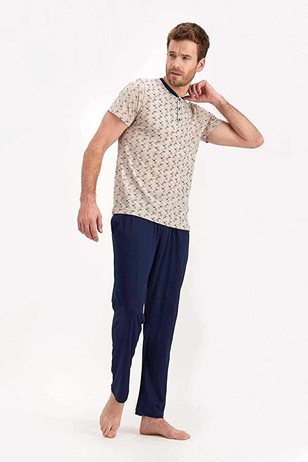 Men's Beige Short Sleeve Pajama Set - Ar1370-S