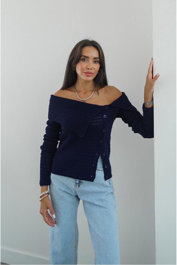 Navy Blue Boat Neck Buttoned Front Blouse