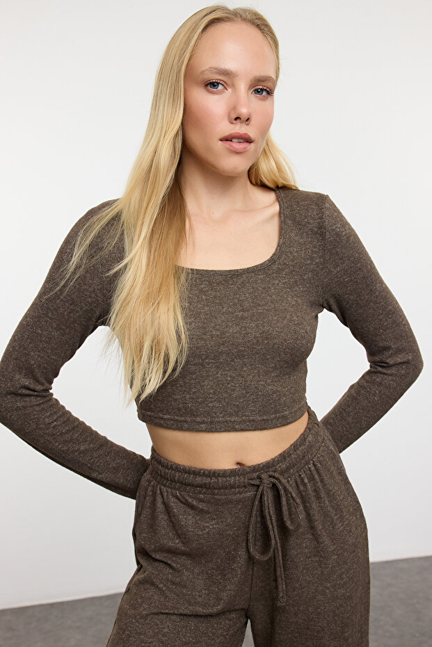 Kahverengi Yumoş Crop ve Wide Leg/Geniş Paça Örme Alt Üst Takım TWOAW23AU00125 - 2