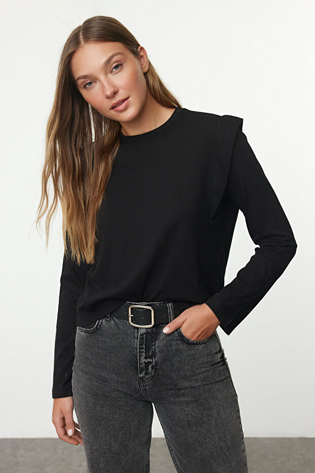 Black 100% Thick Cotton Wadding Look Basic Crew Neck Knitted T-Shirt Twoaw25Ts00015